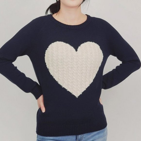NEW Navy Oatmeal Cable Heart Cotton Blend Sweater - Picture 5 of 12